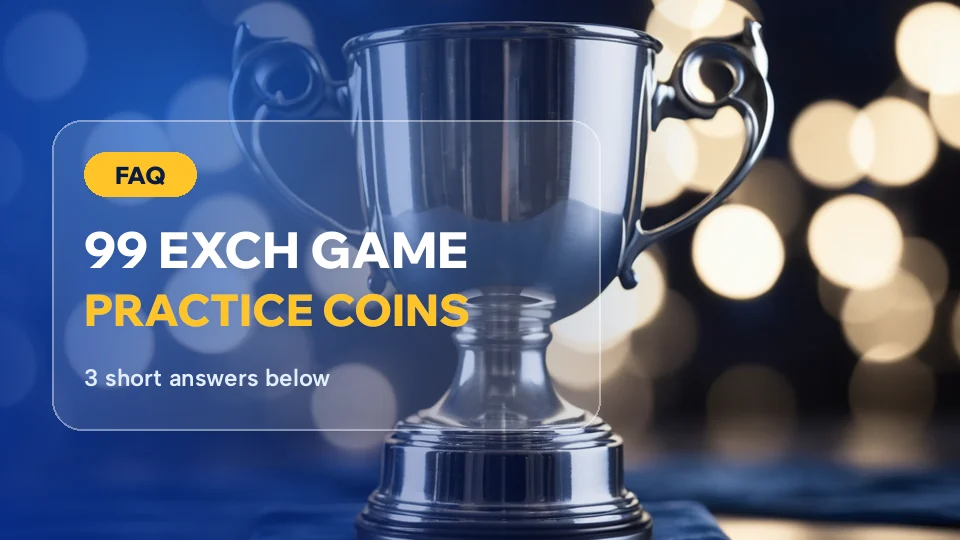 Silver trophy and bokeh lights behind the 99 Exch Game questions card about practice coins