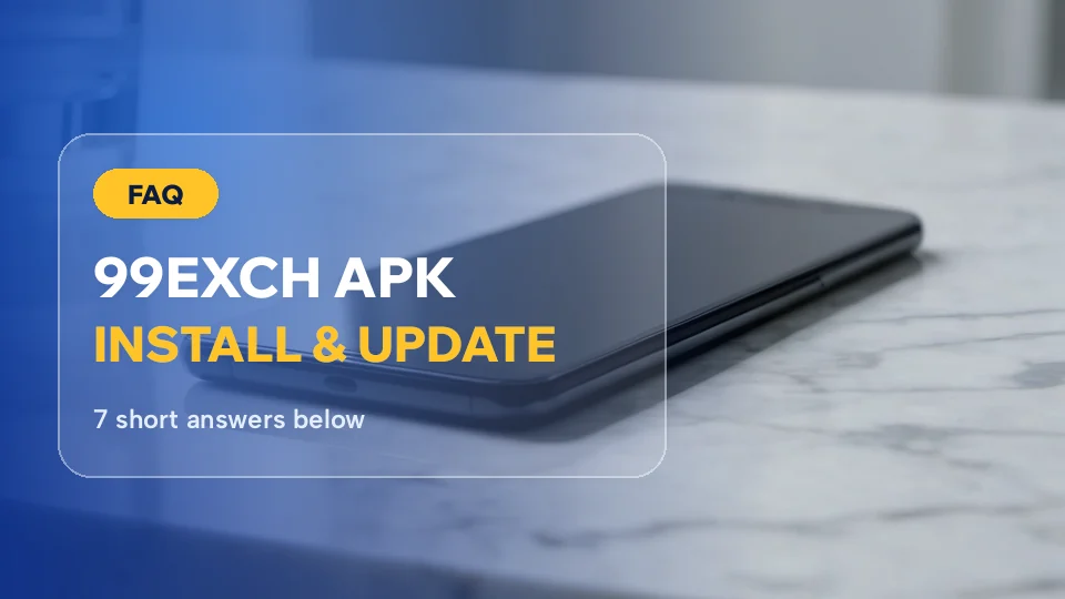 Phone on a marble desk behind the 99Exch APK questions card about install and update