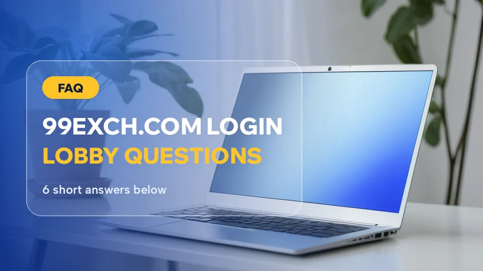 Laptop beside a plant behind the 99exch.com login questions card for the lobby
