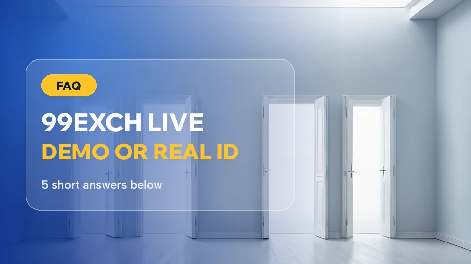 Bright white doorway room behind the 99Exch Live questions card on demo or real ID