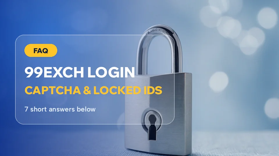 Silver padlock on blue linen behind the 99Exch login questions card on captcha and locked IDs