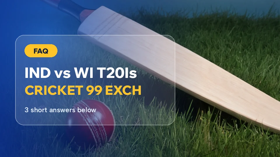Willow bat and red ball on grass behind the Cricket 99 Exch questions card for the IND vs WI T20Is