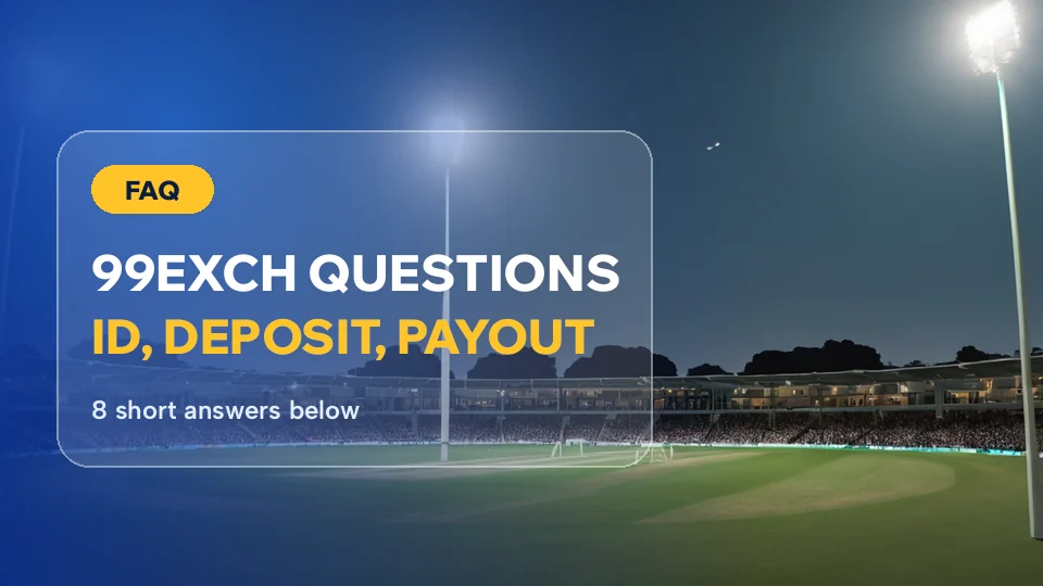 Night cricket ground under floodlights behind the 99Exch questions card on ID, deposit and payout