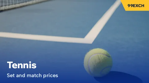 Yellow tennis ball on a blue hard court on the 99Exch tennis tile for set and match prices