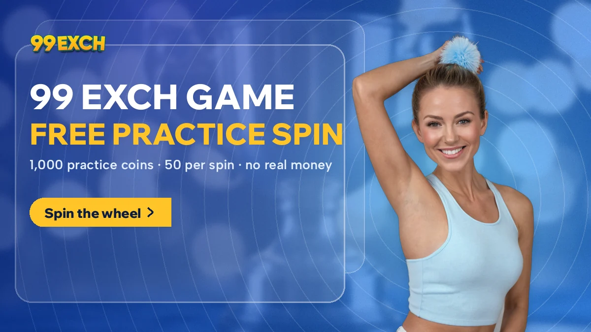 Smiling woman with a pom-pom beside the 99 Exch Game banner for a free practice spin with play coins
