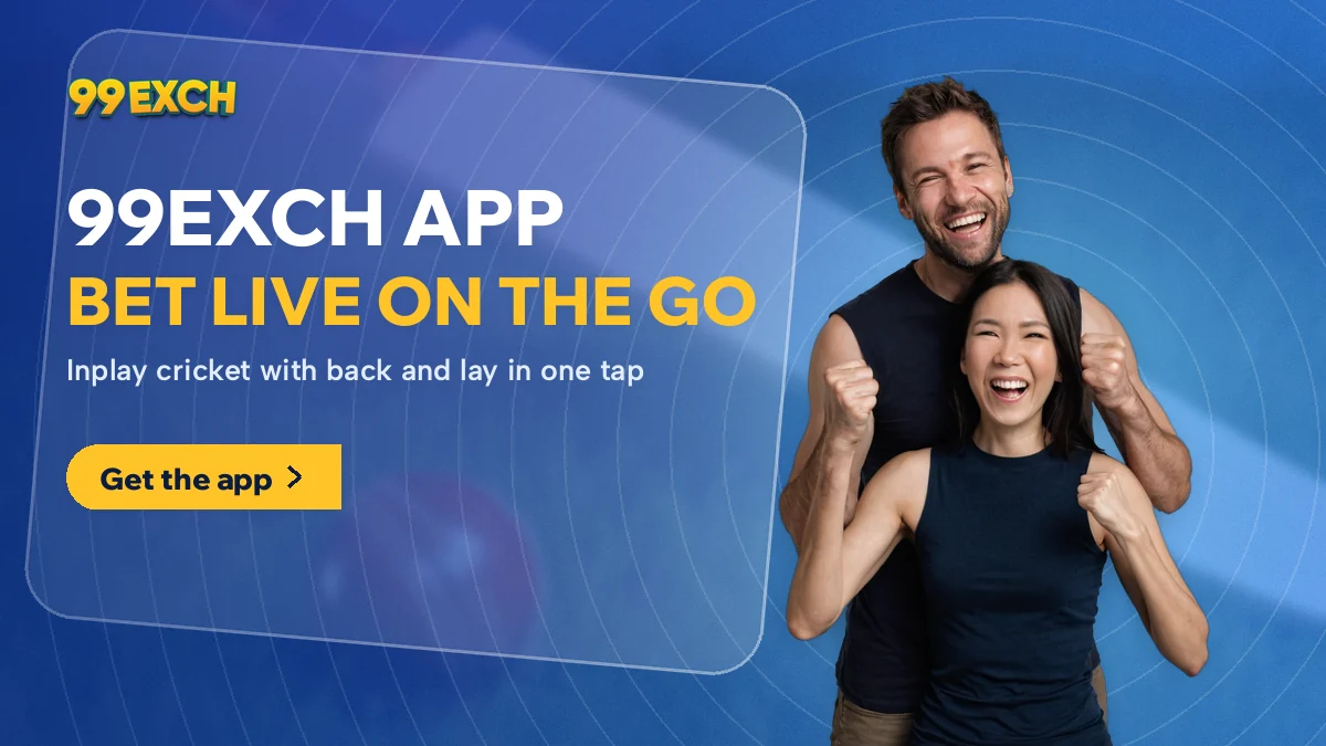 Laughing couple with one phone beside the 99Exch app banner for live cricket betting on the go