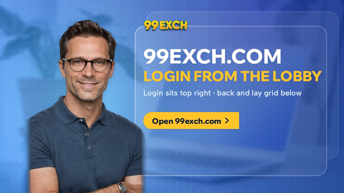 Man in glasses next to the 99exch.com banner that reads Login From the Lobby with an Open 99exch.com button