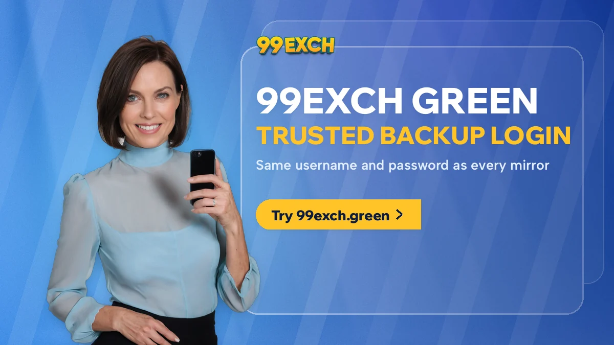 Woman with a phone next to the 99Exch Green banner for a trusted backup login on the same username