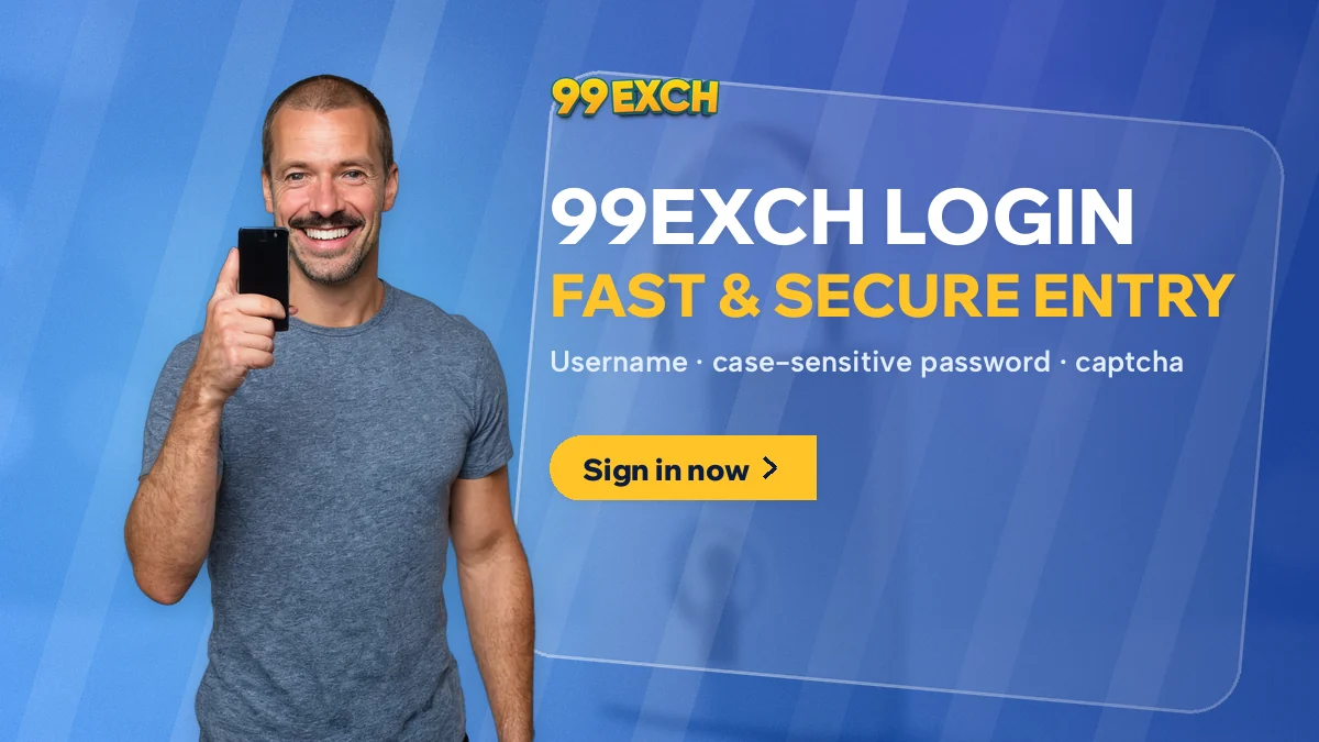 Man giving a thumbs-up with his phone beside the 99Exch login banner promising fast and secure entry