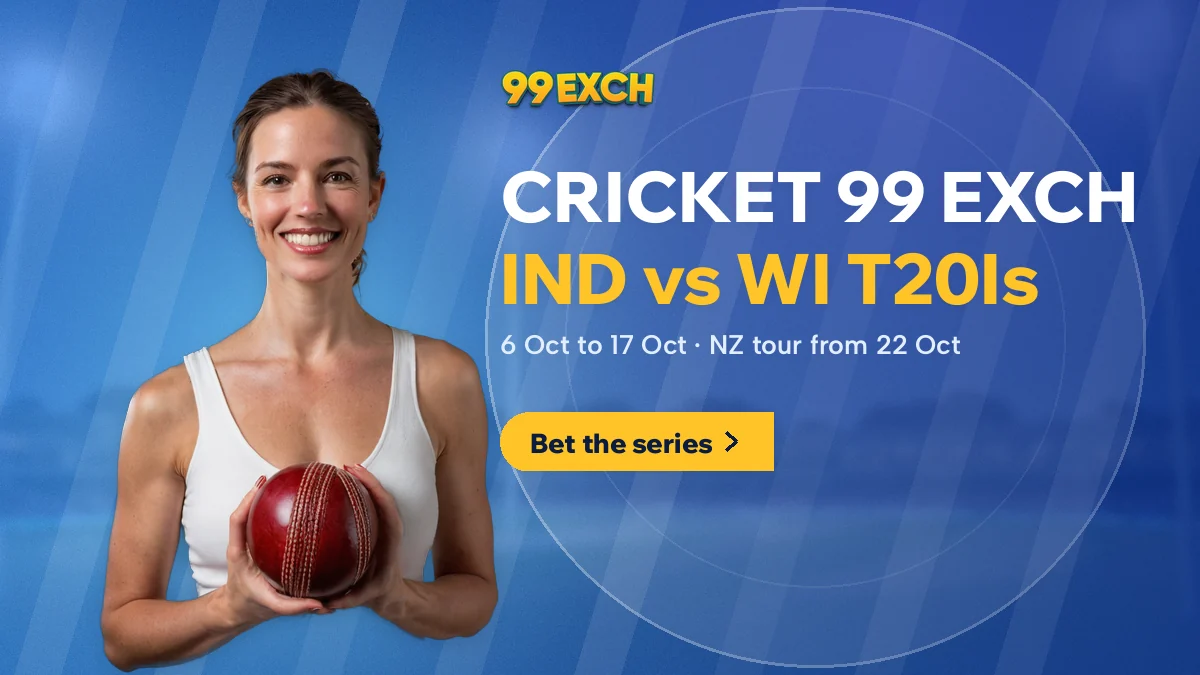 Woman holding a red cricket ball beside the Cricket 99 Exch banner for the IND vs WI T20I series