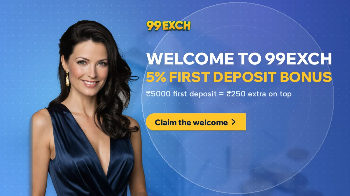 Hostess in a navy gown beside the Welcome to 99Exch banner for the 5% first deposit bonus