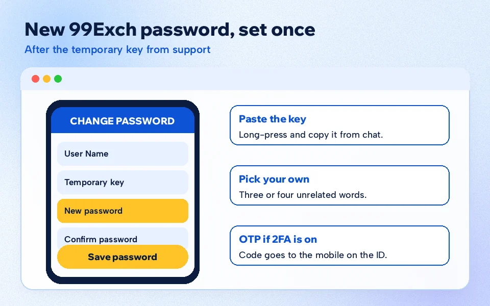 Sign-in screen with a new 99Exch password being set after the temporary key from support