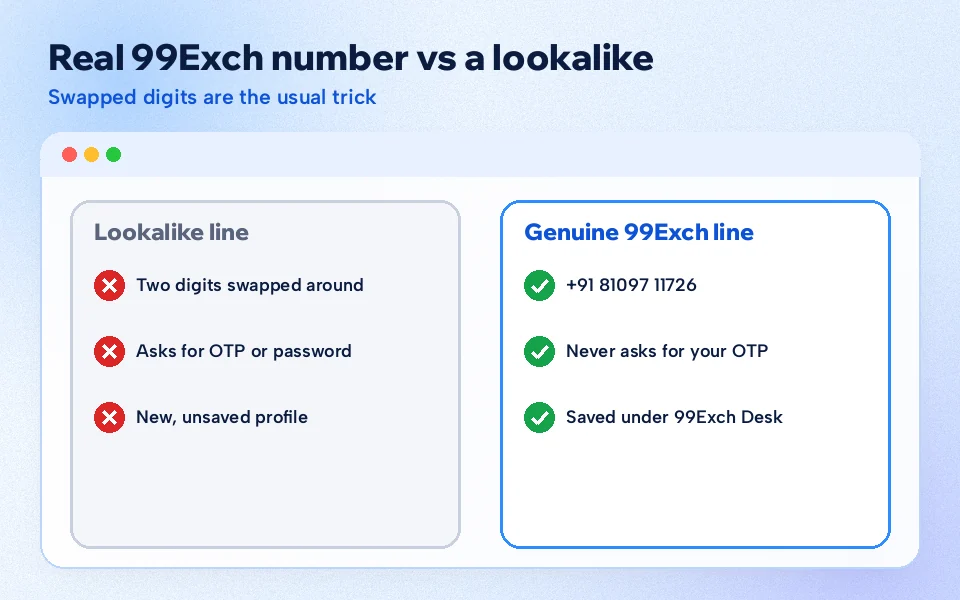 Phone screen comparing the genuine 99Exch WhatsApp number with a lookalike line that has swapped digits