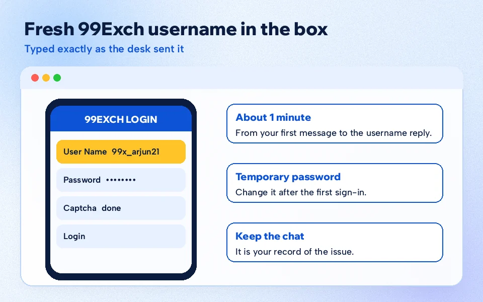 Login screen with a fresh 99Exch new ID username typed into the User Name box